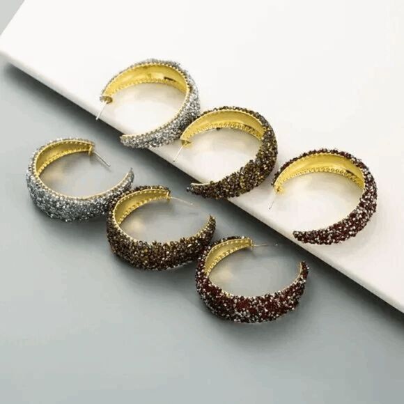 2/$21 Dark Grey Trendy Sparkle Hoop Earrings - Picture 2 of 4